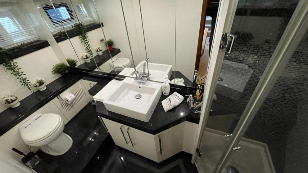 The modern bathroom of the luxury motor yacht Melissa My Angel in Göcek features stylish design and ample space.