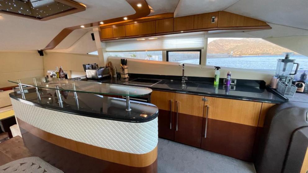 The modern kitchen of the luxury motor yacht Melissa My Angel in Göcek is fully equipped and stylishly designed.