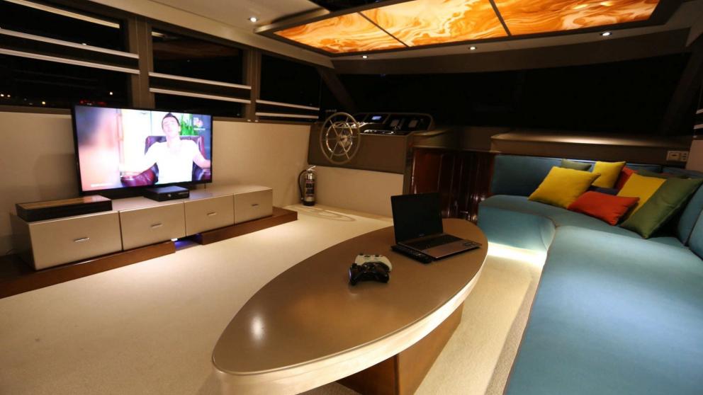 The saloon seating area of the motor yacht Juliet.