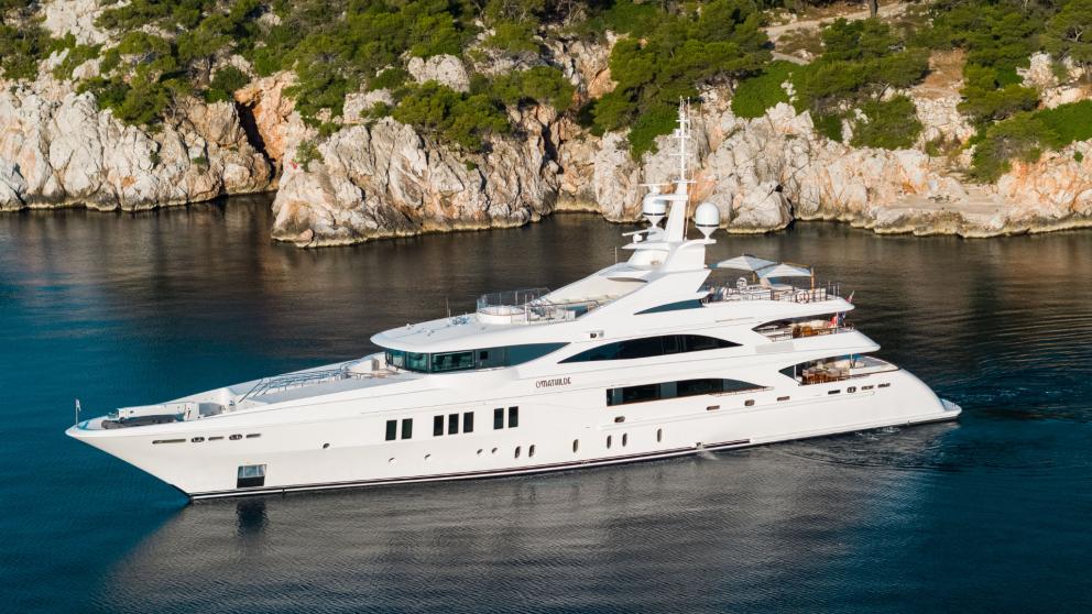 A magnificent luxury yacht anchors in front of a rocky coastal landscape, surrounded by clear, calm water.