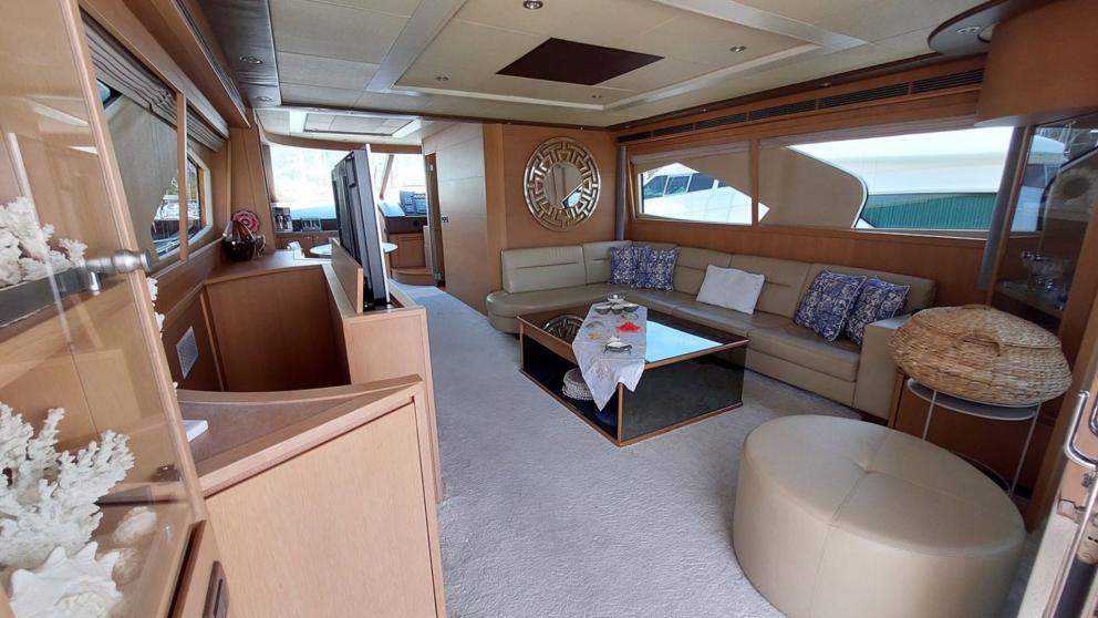 The spacious saloon of the luxury motor yacht My Way.
