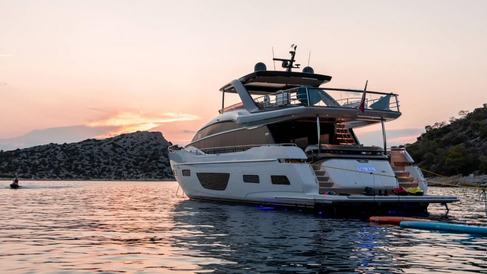 Experience unforgettable sunsets aboard the Vista motor yacht. Book now in Greece!
