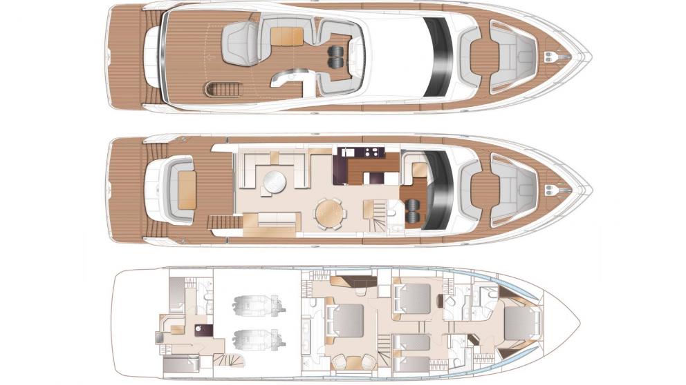 Detailed floor plan of a yacht with three decks and luxurious amenities.