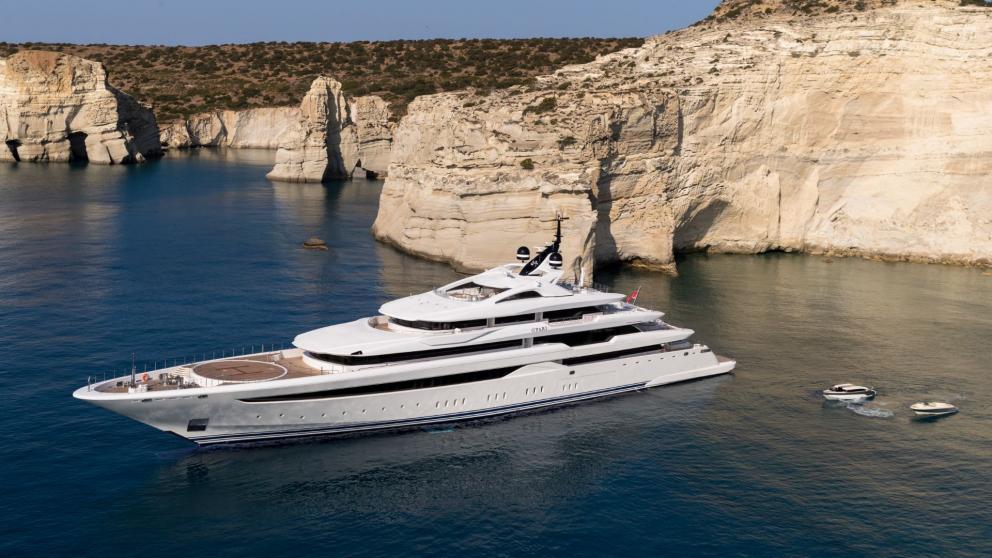 Opari luxury motor yacht at anchor in picturesque Greek bay