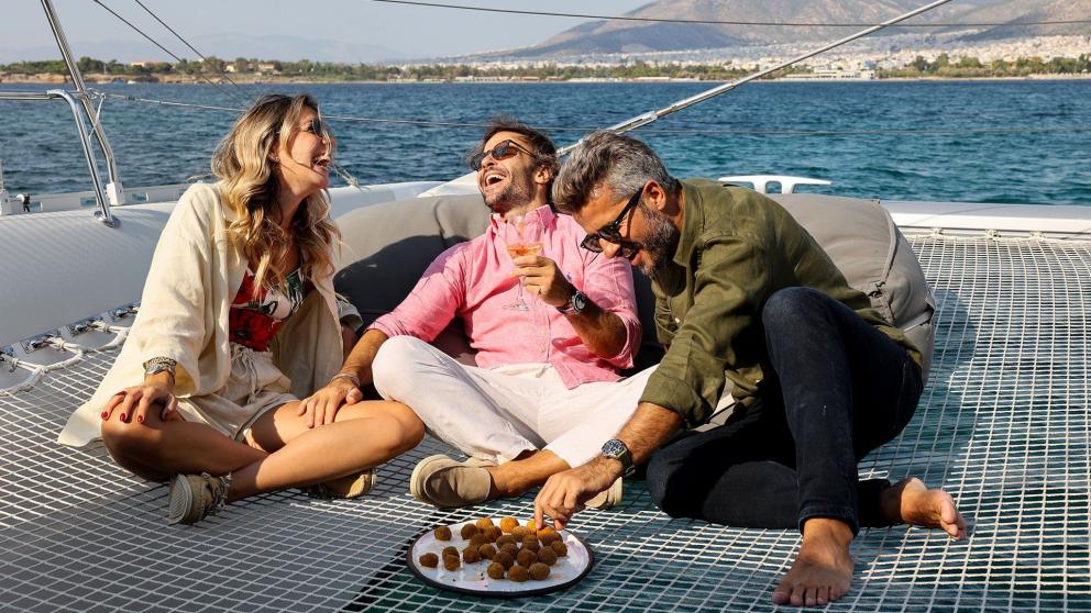 Tasty moments during Alimos catamaran day tour