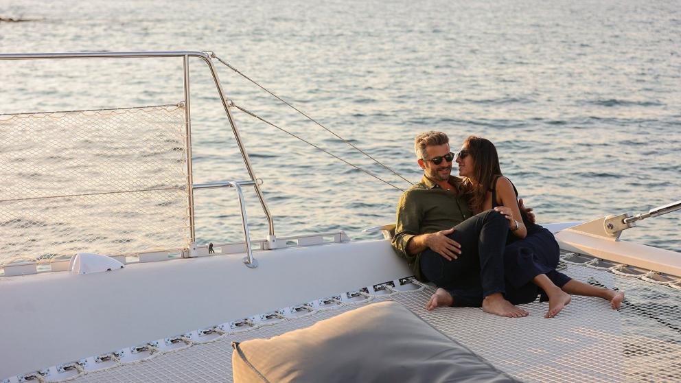 Romantic sunset moment on Alimos catamaran day tour