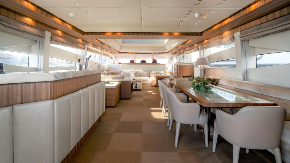 Enjoy the stylish salon of the luxurious motor yacht O'Pati for comfort and relaxation.
