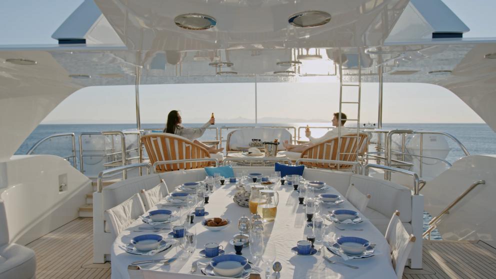 Dine in style in the exclusive dining area of the luxurious motor yacht Akira One.