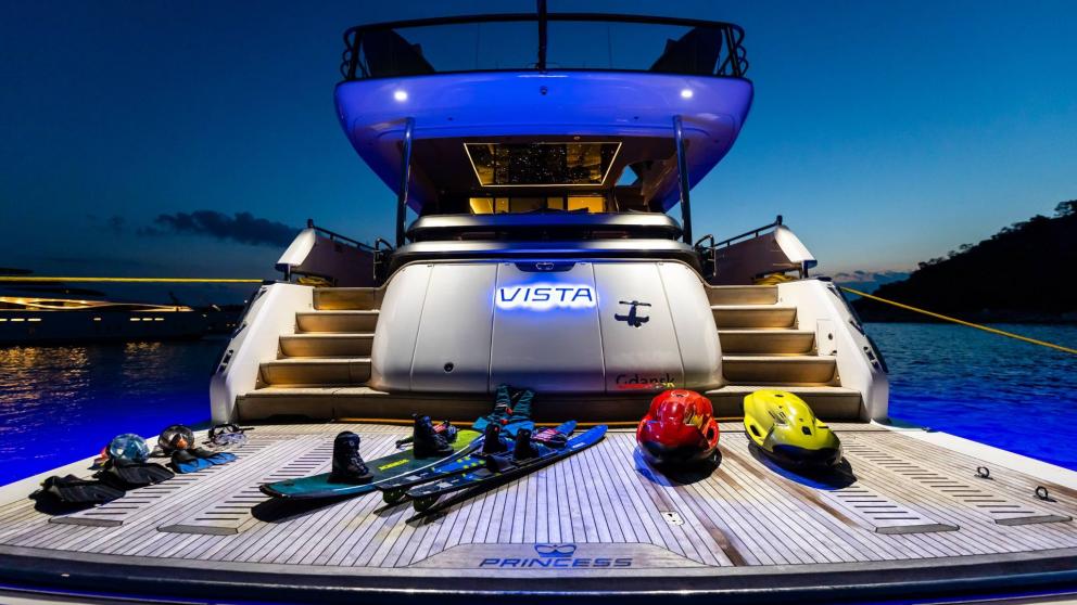 The Vista motor yacht offers a variety of water sports equipment for sea adventures.