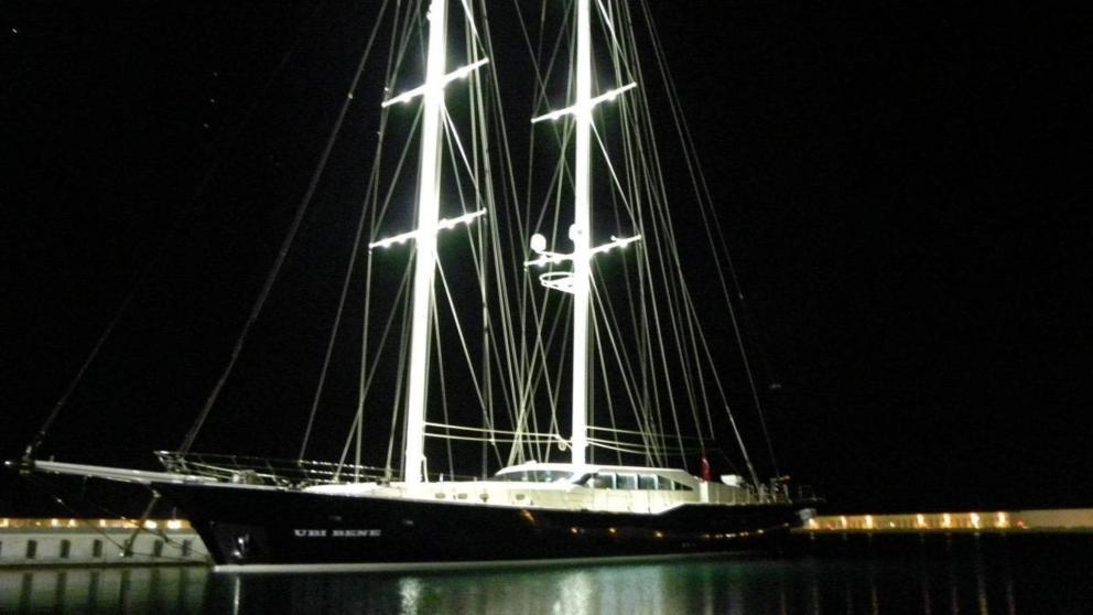 View of the Ubi Bene gulet and its delightful masts at night