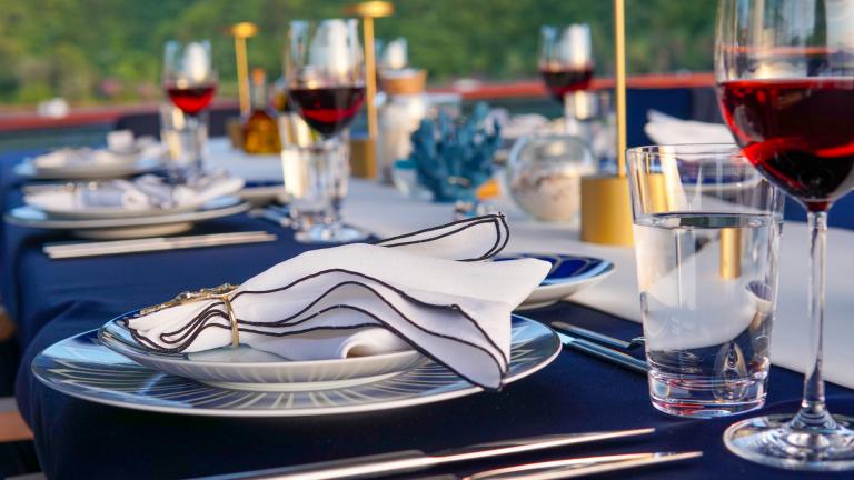 Luxurious S/Y Voyage gulet table setting close-up