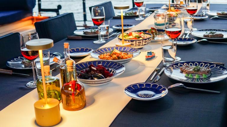 The S/Y Voyage luxury gulet table setting.  Delicious snacks and wine