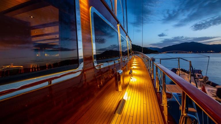The deck of the S/Y Voyage gulet. Twilight