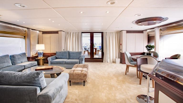 Relax in the comfortable living area of the luxurious motor yacht Akira One.