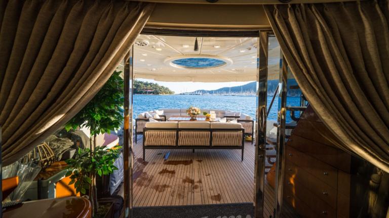 The view from inside the exterior of the luxury yacht in front of the Marmaris marina.