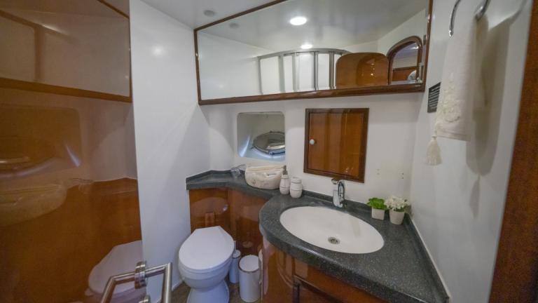 Modernly furnished guest WC with mirror, washbasin, toilet and decorations.