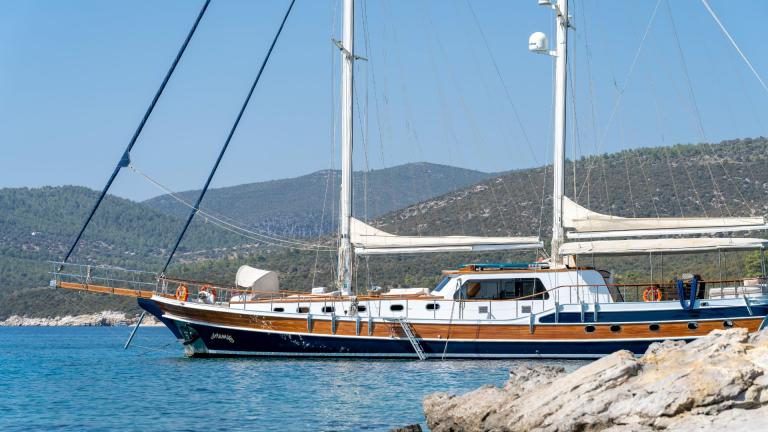 Gulet Artemis at anchor in Bodrum, available for rent.