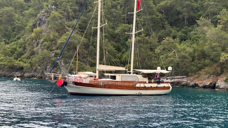 Gulet Cemre Mila vor der türkischen Küste, umgeben von türkisblauem Wasser und grünen Wäldern.