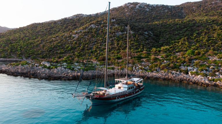The luxurious gulet awaits its next voyage on the sea.