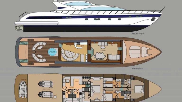 The interior and exterior layout of the motor yacht Mina II.