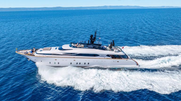 The sleek Maiora 35DP yacht Cynthia powers through the Adriatic off the coast of Makarska.