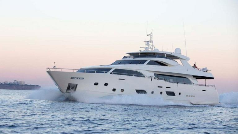Luxury motor yacht Panfeliss underway.