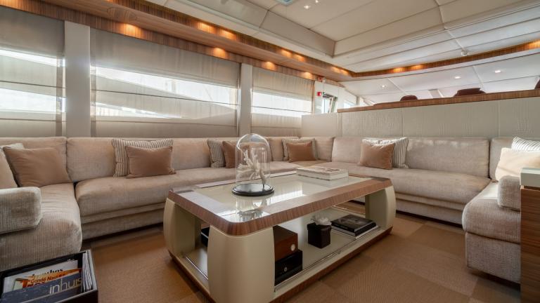 Enjoy the cozy lounge of the luxurious motor yacht O'Pati for relaxed moments.