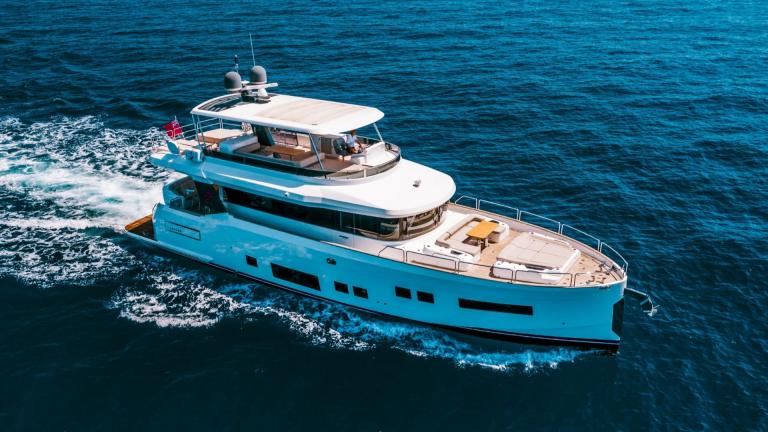 Salacia motor yacht cruising comfortably and fast in the open sea near Mallorca.
