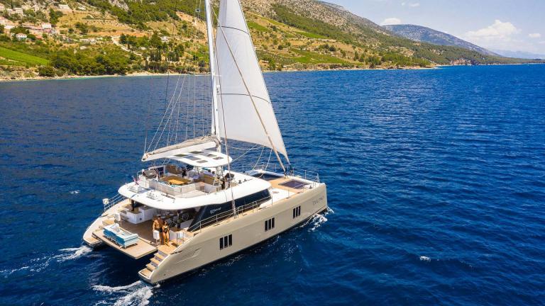 Vulpino, the elegant Sunreef 60 catamaran, sailing off the coast of Kastela.