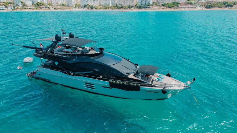 The Ammonite motor yacht stands out with its stylish design and elegant structure on the water.