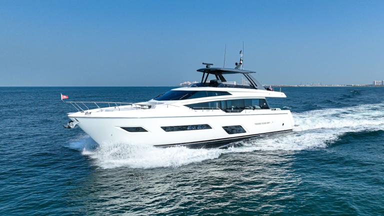 The Ferretti 780 motor yacht offers a luxurious and modern design, ideal for daily yacht rental in Dubai.