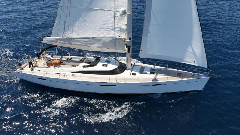 The luxury sailing yacht Shooting Star is cruising in Greece, offering a comfortable sail across the open sea.