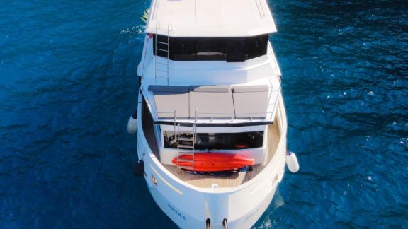 Detailed bird's eye view of the foredeck of trawler yacht Nayk 1.