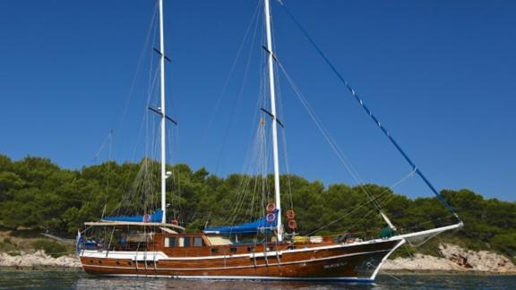 The gulet Malena lies in the clear waters off the wooded coast of Split, Croatia.