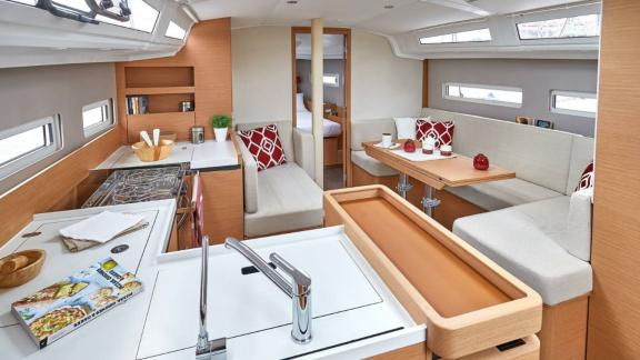 Sky Asya yacht's spacious and bright saloon with modern furnishings.