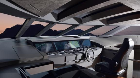 A modernly designed bridge of a luxury motor yacht.