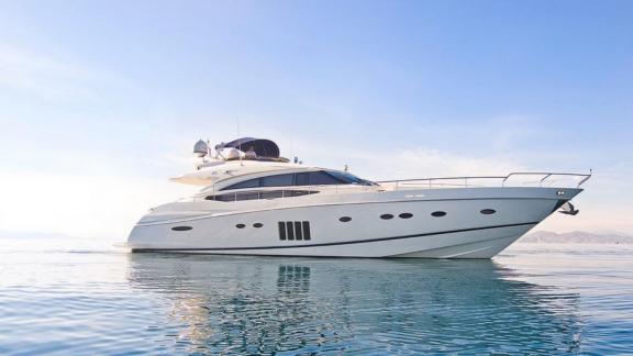 Via yacht stands out with its elegant and stylish design on the calm sea.