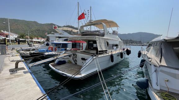 Rear deck of motor yacht Sea Shell moored in Marmaris.