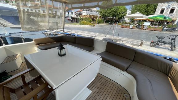 Aft deck of motor yacht Sea Shell moored in Marmaris.