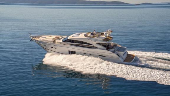 Via yacht dazzles with its elegant and modern design as it speeds through the sea.