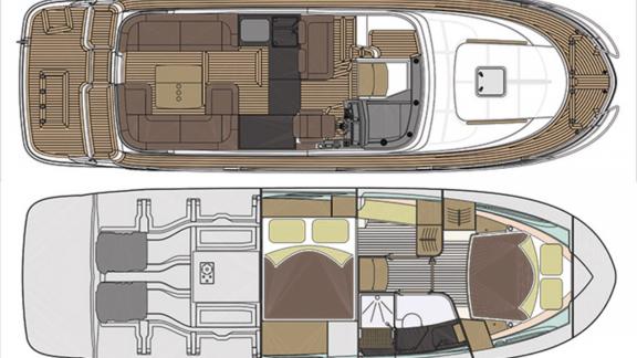 Der Deckplan der oberen und unteren Ebene der Motoryacht 7 Happy days zeigt geräumige Wohnbereiche und Kabinenanordnung.