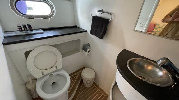 The modern bathroom of motor yacht Sea Shell offers a comfortable environment.
