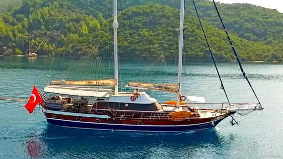 A gulet flying the Turkish flag anchored in a green, tranquil bay.