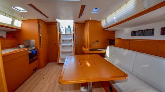 Cabin with kitchen. You can see the stairs leading to the upper deck