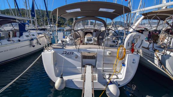 The cockpit of sailing yacht Zezo, docked in the marina.