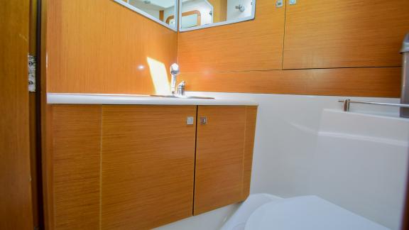 The bathroom on the yacht Anja Sophie features modern design and fixtures.