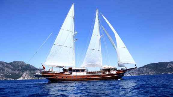 Elegant luxury gulet Nurten A sailing off the coast of Marmaris, Turkey.
