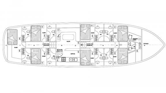 Gulet Allure'un yedi kabin, mutfak, salon ve diğer alanları içeren güverte planı.