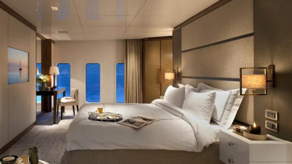 Double cabin of a deluxe yacht and its seaview.