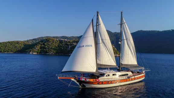 The Gulet Ugur 2005 sails with full white sails off the coast of Marmaris, Turkey, with wooded hills in the background.